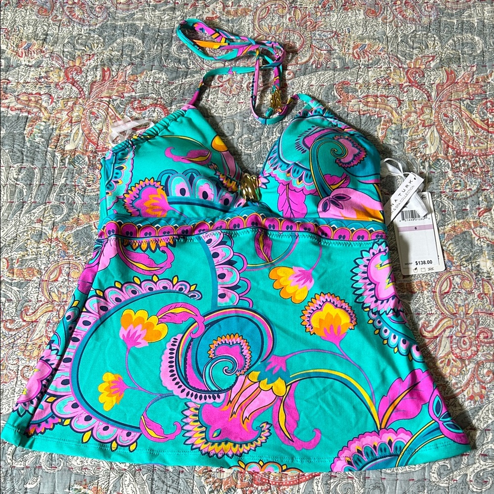 Trina Turk Turquoise One-Piece Swim with Pink & Yellow Paisley